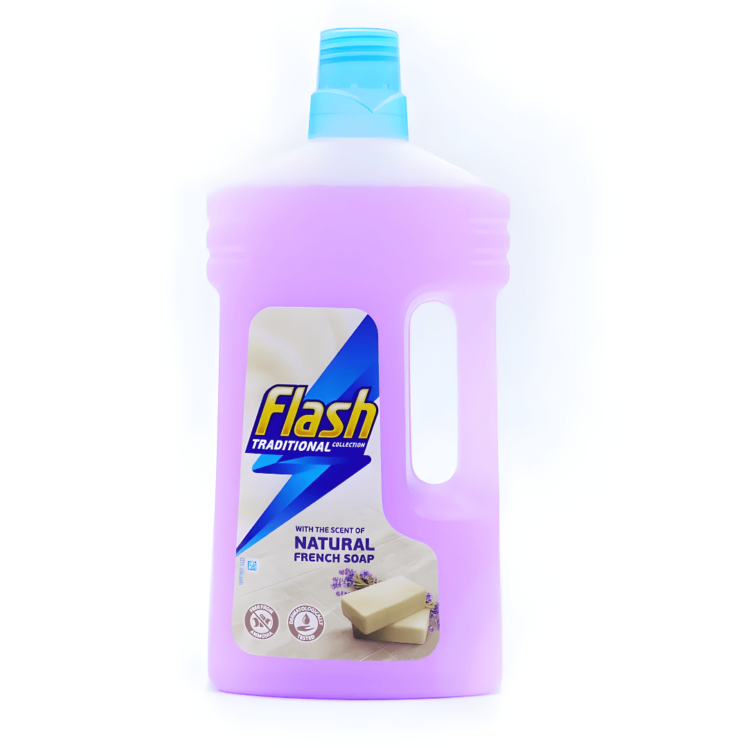 Flash All Purpose Floor Cleaner French Soap and Lavender Scent 1L bottle — UK-made liquid floor cleaner that removes dirt and grease and leaves a fresh lavender fragrance.