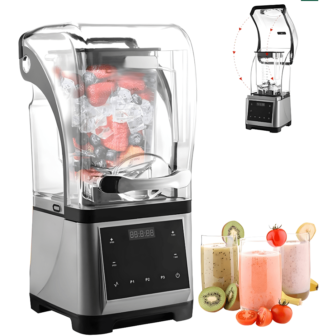 2000W heavy-duty quiet blender with sound cover and touch control panel – 1.8L stainless steel blades, low-noise professional mixer, ideal for homes and cafés in Beirut Lebanon.