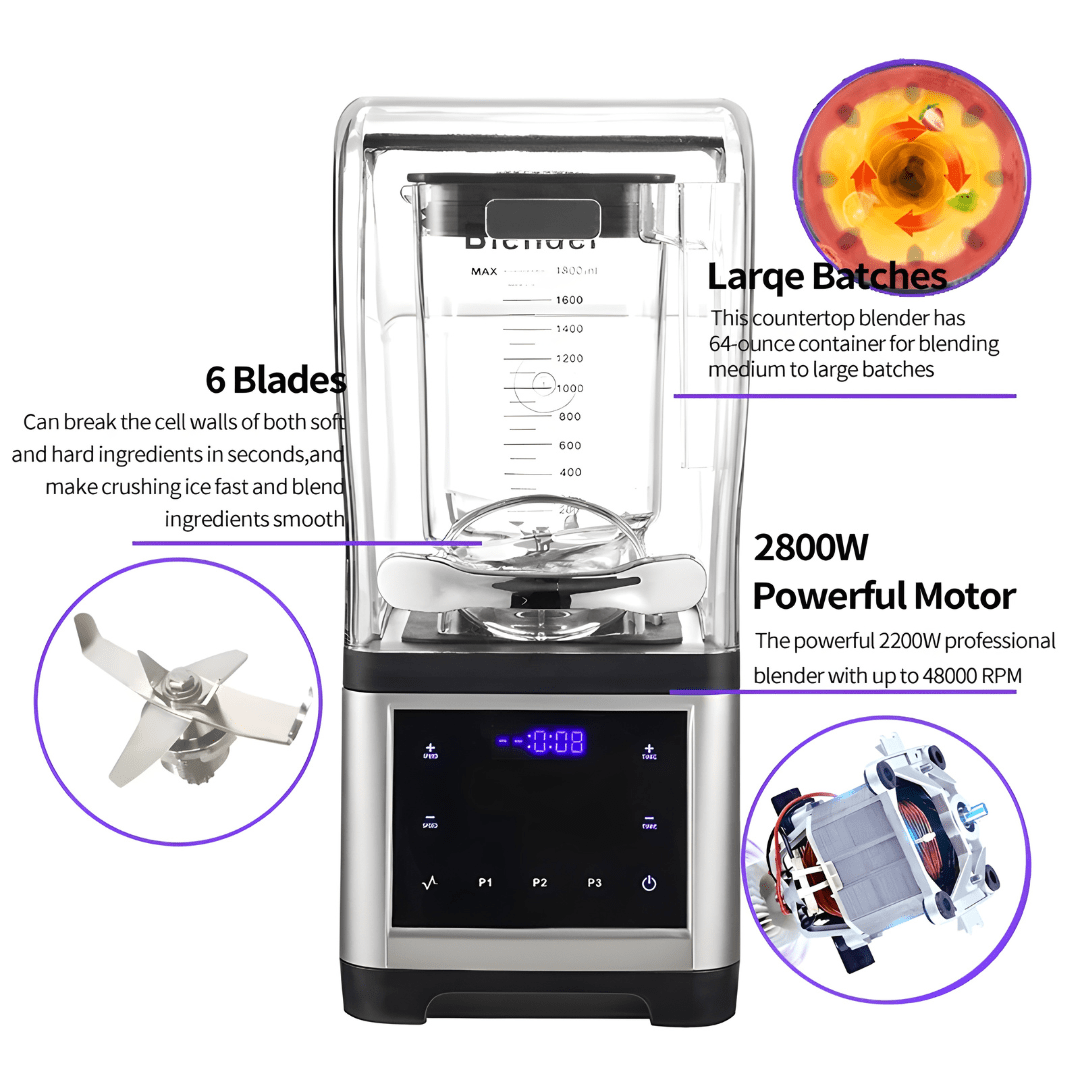 2000W heavy-duty quiet blender with sound cover and touch control panel – 1.8L stainless steel blades, low-noise professional mixer, ideal for homes and cafés in Beirut Lebanon.