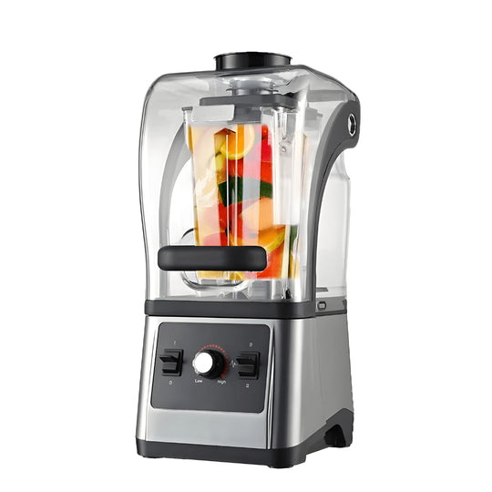 2600W heavy-duty quiet blender with soundproof cover and stainless steel blades – 1.8L capacity, copper motor, premium silver design, ideal for homes and cafés in Beirut Lebanon.