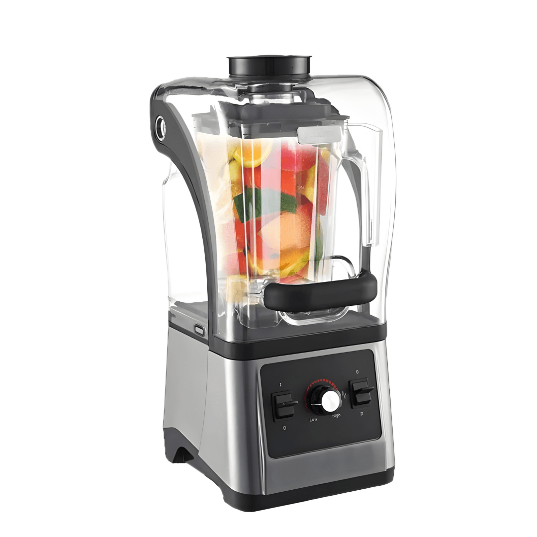 2600W heavy-duty quiet blender with soundproof cover and stainless steel blades – 1.8L capacity, copper motor, premium silver design, ideal for homes and cafés in Beirut Lebanon.