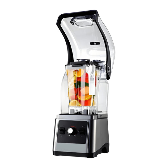 2600W heavy-duty quiet blender with soundproof cover and stainless steel blades – 1.8L capacity, copper motor, premium silver design, ideal for homes and cafés in Beirut Lebanon.