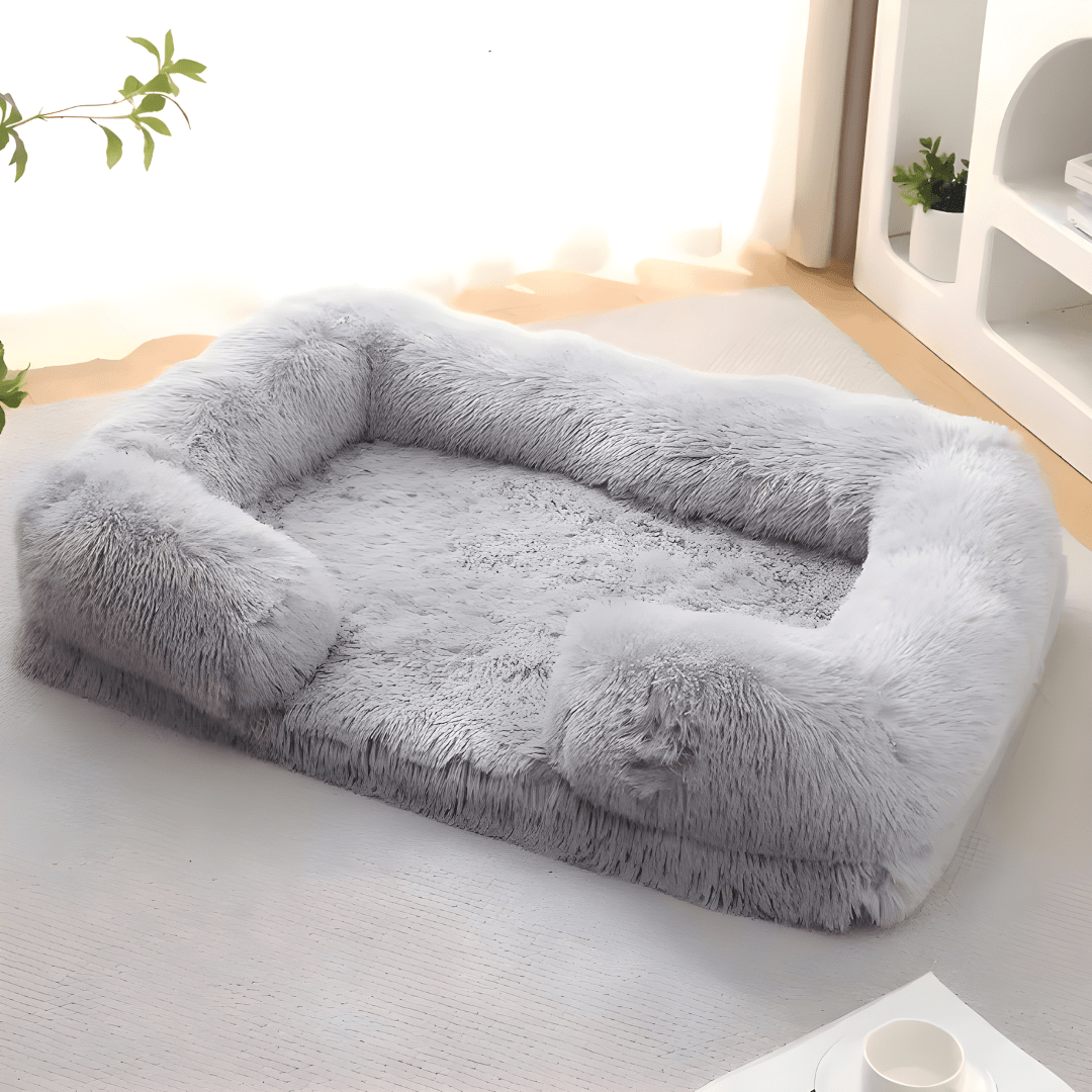 Fluffy orthopedic dog bed 110×65×20 cm with ultra-soft fabric, egg-crate foam support, non-slip base — calming and washable for medium & large dogs up to 40 kg. Ideal for Beirut Lebanon.