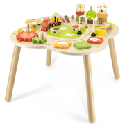 Wooden Montessori sensory activity table with puzzles, gears, bell, and train track — safe non-toxic paint, fun educational toy for toddlers, Beirut Lebanon.