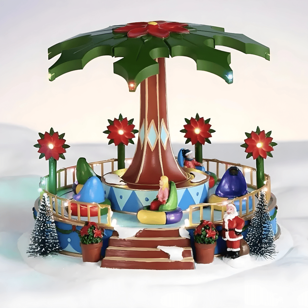 St. Nicholas Square illuminated amusement park Christmas village 2023 with Santa, lights, music, and motion. Hand-painted festive collectible for Beirut homes.