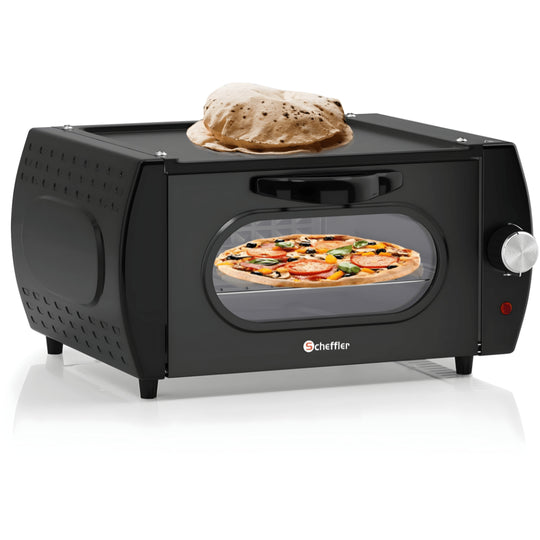 Tandoor electric oven 2100W with top frying pan, showing large heat-resistant glass window and chapati on top — perfect for baking bread, pizza, naan, roti, and manakeesh in Beirut Lebanon.