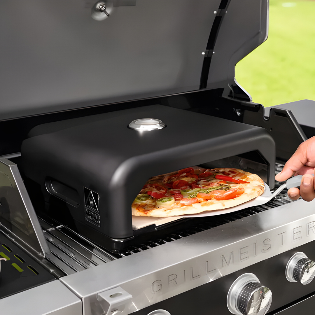 Grill Meister barbecue pizza oven with stone and thermometer for gas or charcoal grills
