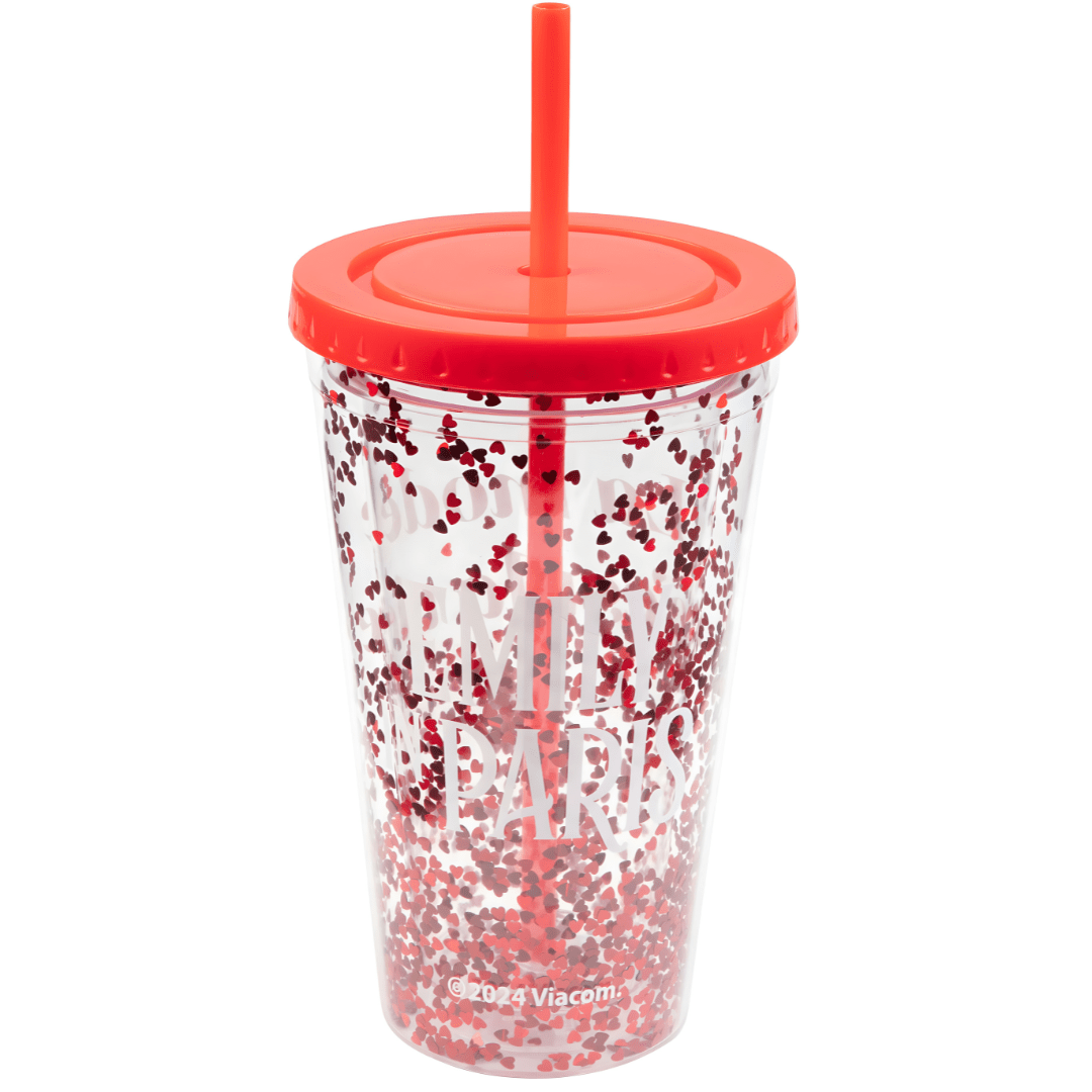 Emily in Paris reusable 400ml tumbler with straw and red heart glitter design