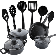 German Line 13-piece non-stick cookware set with glass lids and kitchen utensils – elegant pots and pans for everyday cooking in Beirut Lebanon.