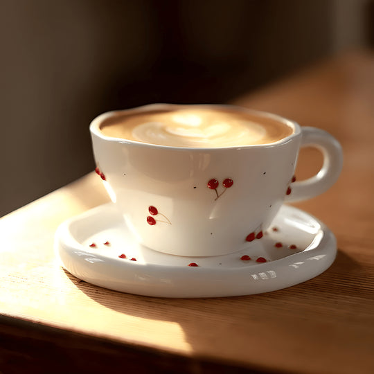 300 ml Hand-Pinched Ceramic Mug and Saucer with Vintage Cherry Embossed Design