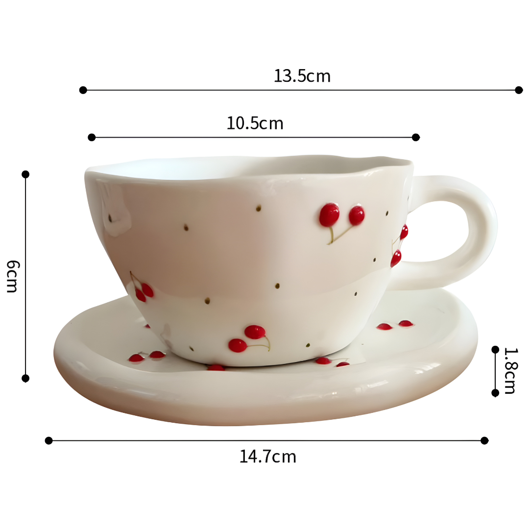 300 ml Hand-Pinched Ceramic Mug and Saucer with Vintage Cherry Embossed Design