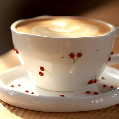 300 ml Hand-Pinched Ceramic Mug and Saucer with Vintage Cherry Embossed Design