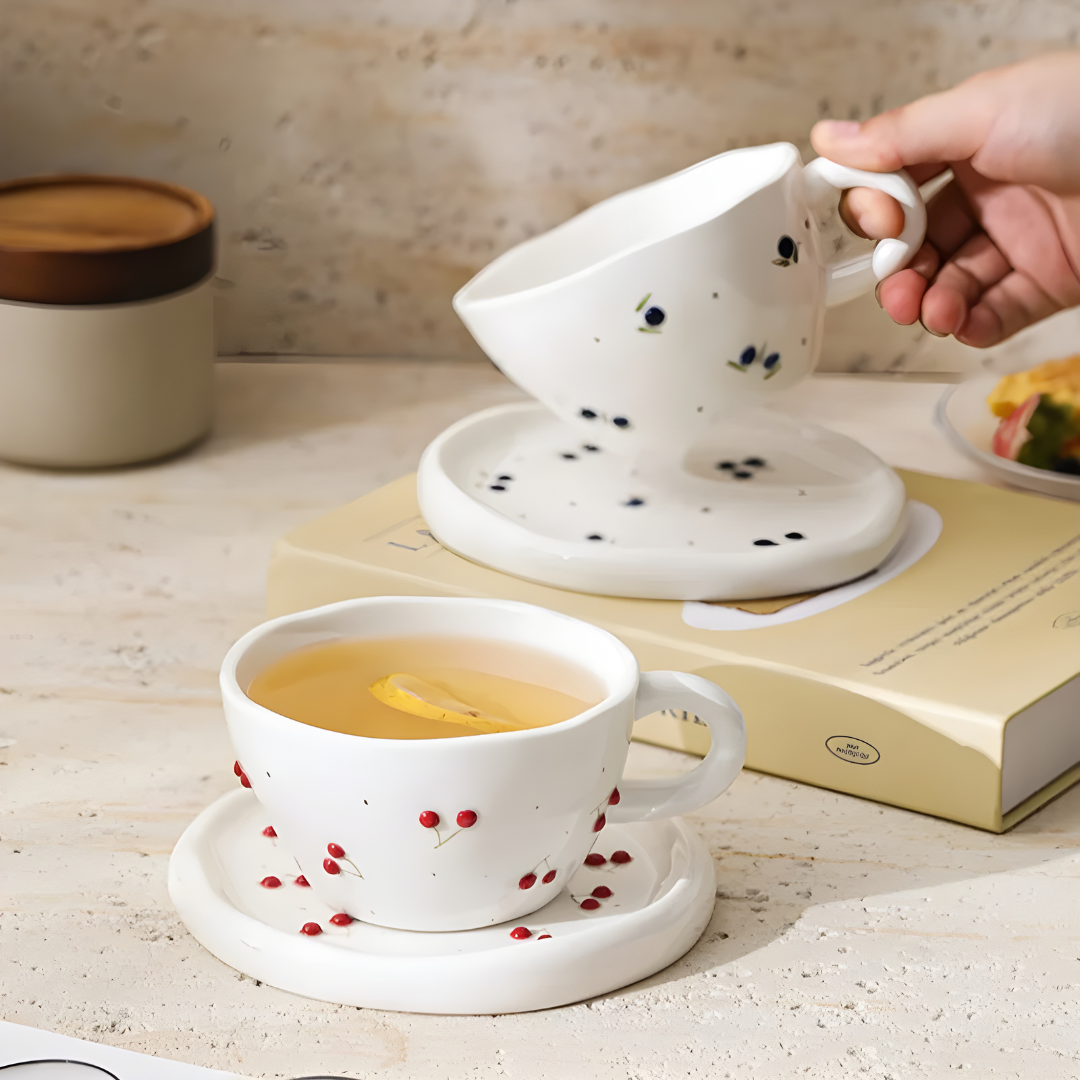 300 ml Hand-Pinched Ceramic Mug and Saucer with Vintage Cherry Embossed Design