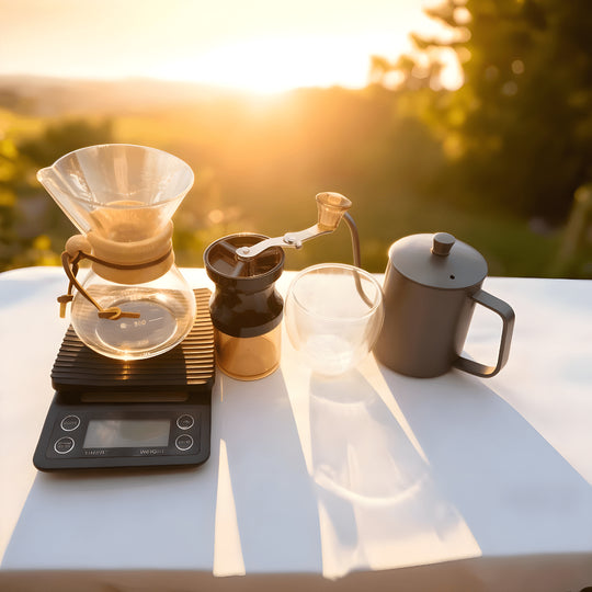 Full V60 coffee brewing kit inside practical box including kettle, grinder, dripper, mug and scale