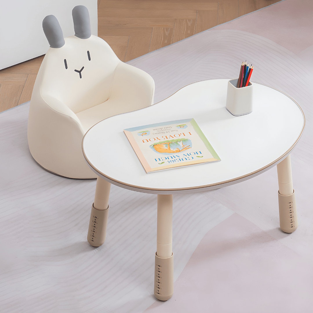 Adjustable kids study desk and chair set made from eco-friendly polywood, peanut-shaped table, safe design, Lebanon