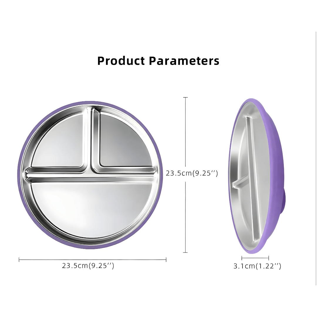 Stainless steel and silicone suction plate for babies with divided sections