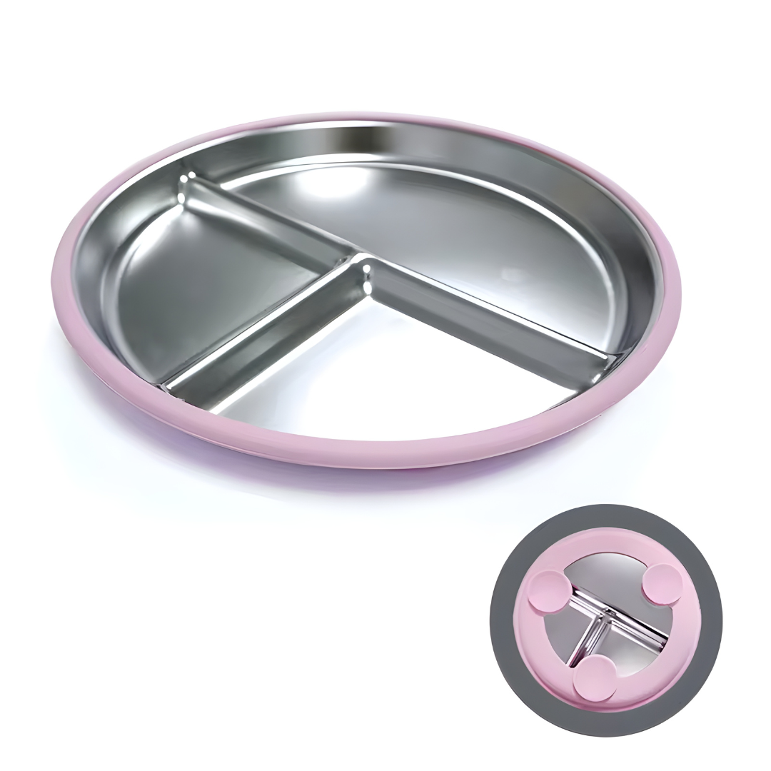 Stainless steel and silicone suction plate for babies with divided sections