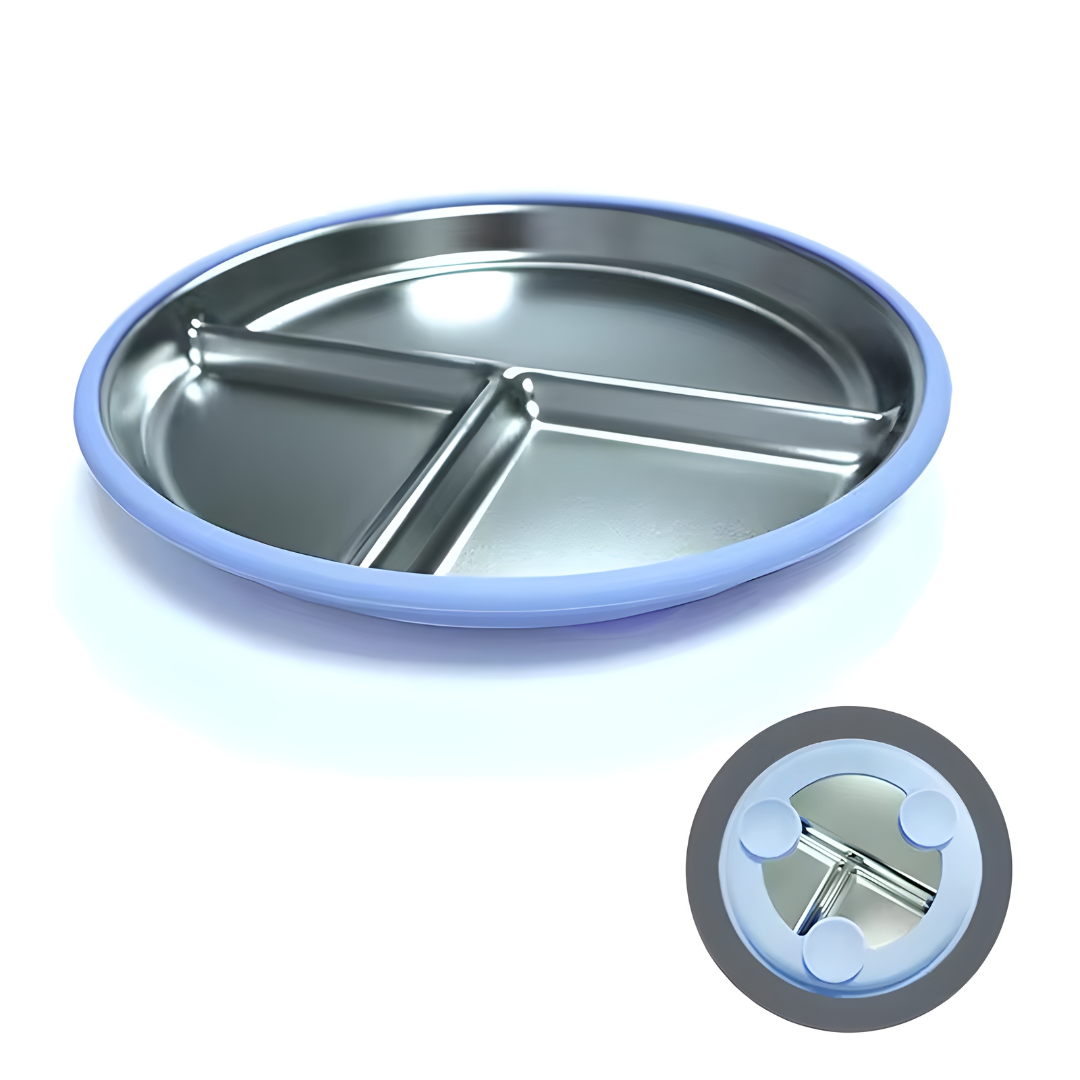 Stainless steel and silicone suction plate for babies with divided sections
