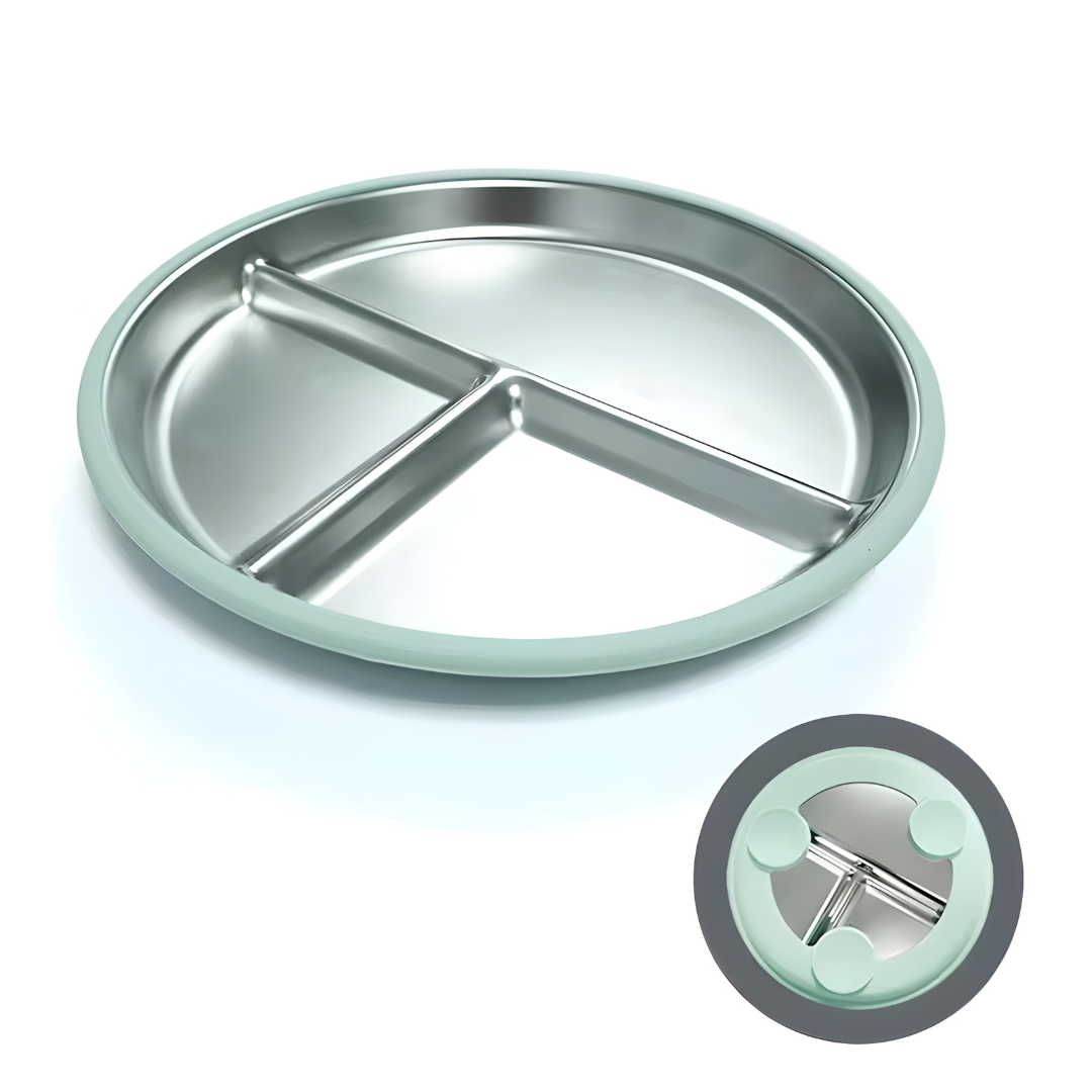 Stainless steel and silicone suction plate for babies with divided sections