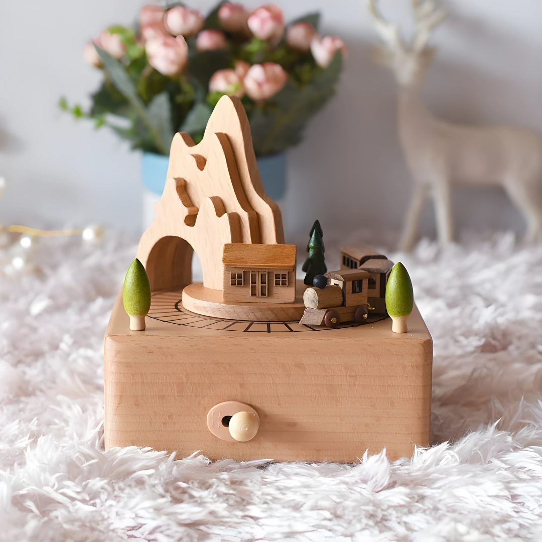 Handmade mountain scene wooden music box with rotating train made from solid beech wood