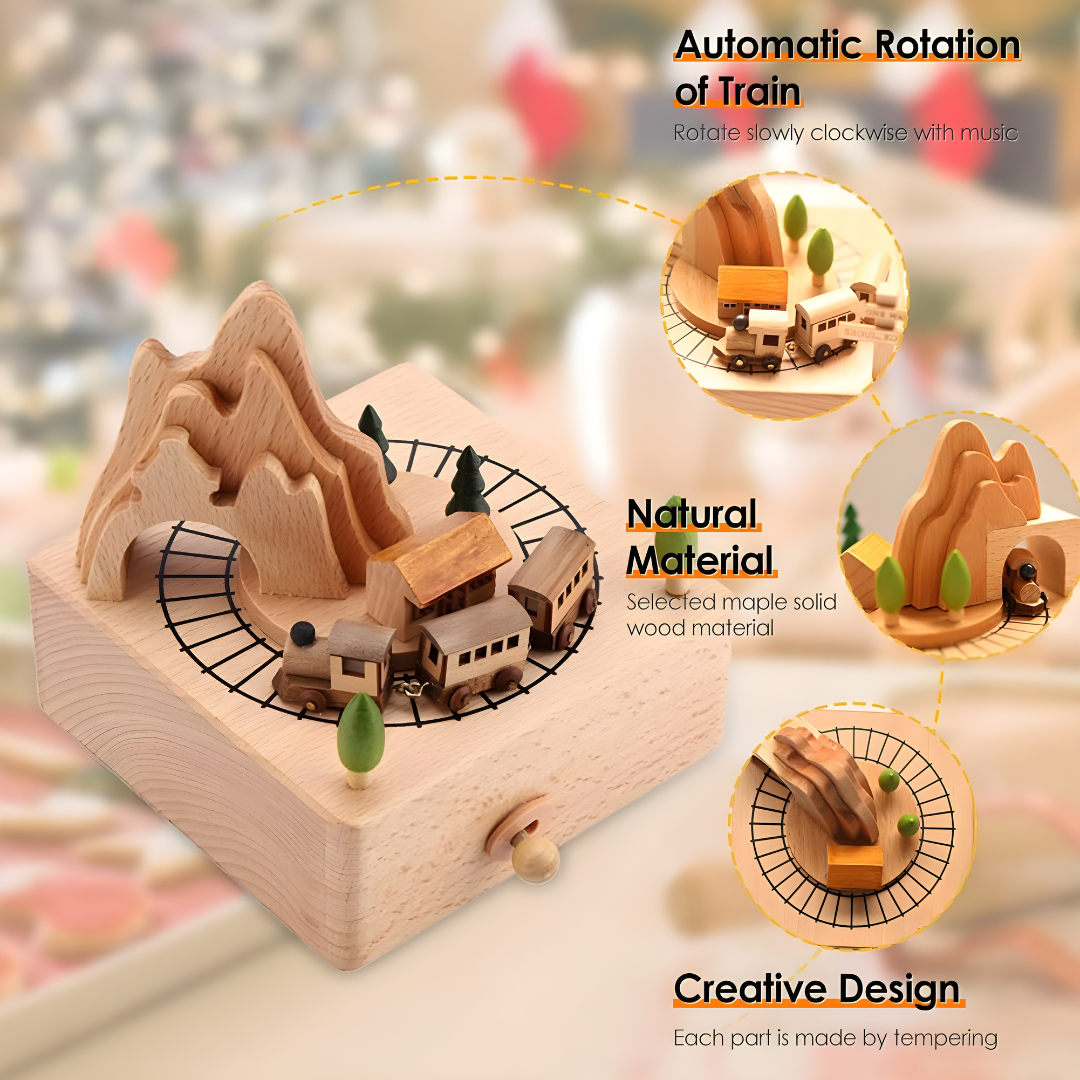 Handmade mountain scene wooden music box with rotating train made from solid beech wood
