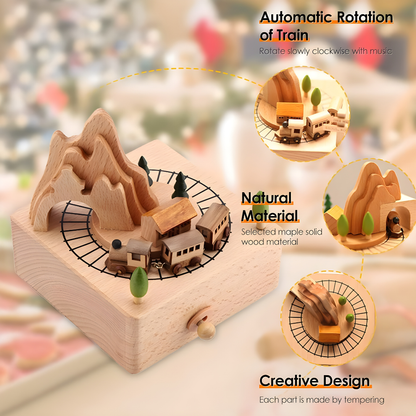 Handmade mountain scene wooden music box with rotating train made from solid beech wood