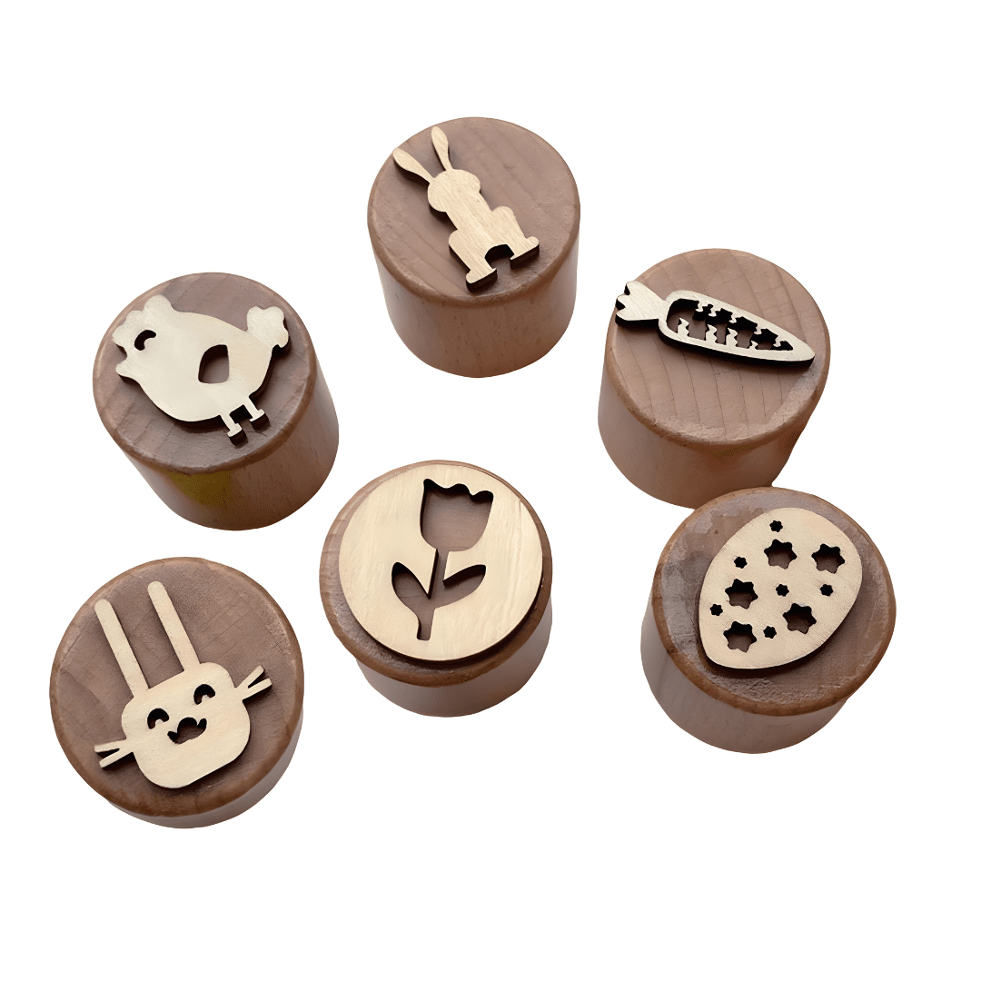 Woodland Nature wooden stamp blocks with bird, leaf, dandelion, flower, mushroom and bee designs