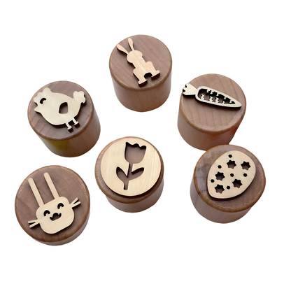 Woodland Nature wooden stamp blocks with bird, leaf, dandelion, flower, mushroom and bee designs