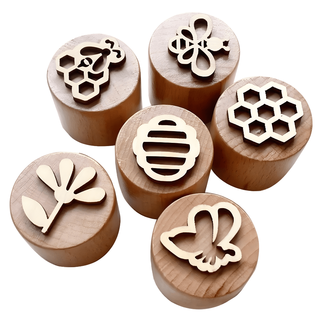 Woodland Nature wooden stamp blocks with bird, leaf, dandelion, flower, mushroom and bee designs
