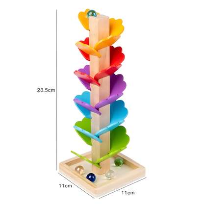 Montessori wooden marble tree toy with colorful leaves and marbles in the base, for ages 3+