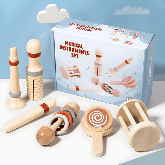 Wooden toy trumpet for toddlers from a 6-piece wooden musical instrument set, ages 12 months+