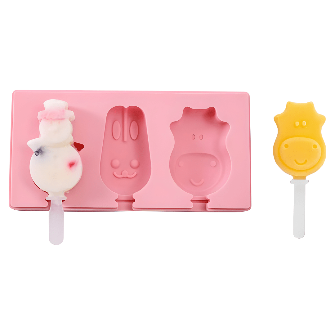 Pink BPA-free certified food-grade silicone popsicle mold with 3 cavities, including sticks and a protective cover.