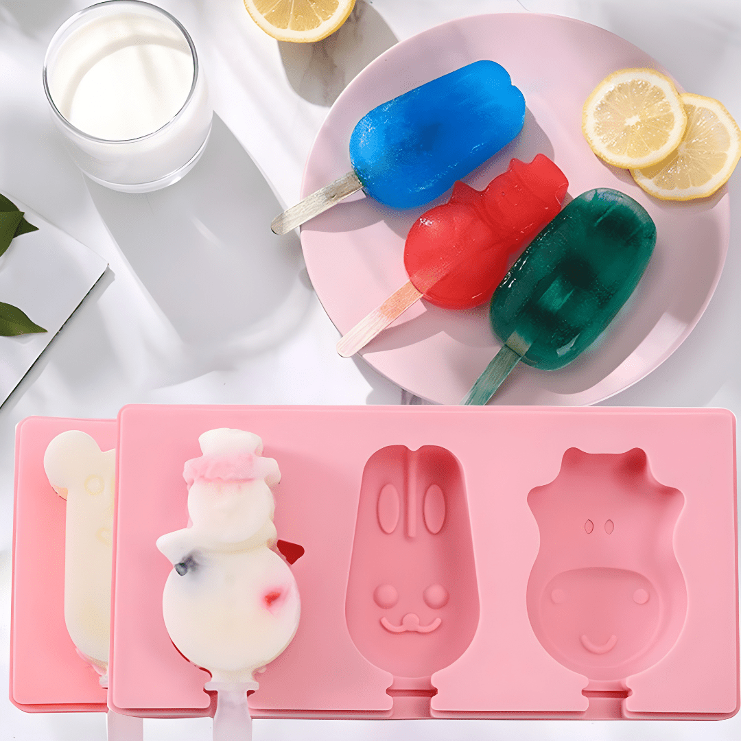 Pink BPA-free certified food-grade silicone popsicle mold with 3 cavities, including sticks and a protective cover.