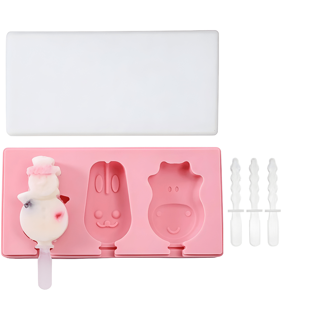 Pink BPA-free certified food-grade silicone popsicle mold with 3 cavities, including sticks and a protective cover.