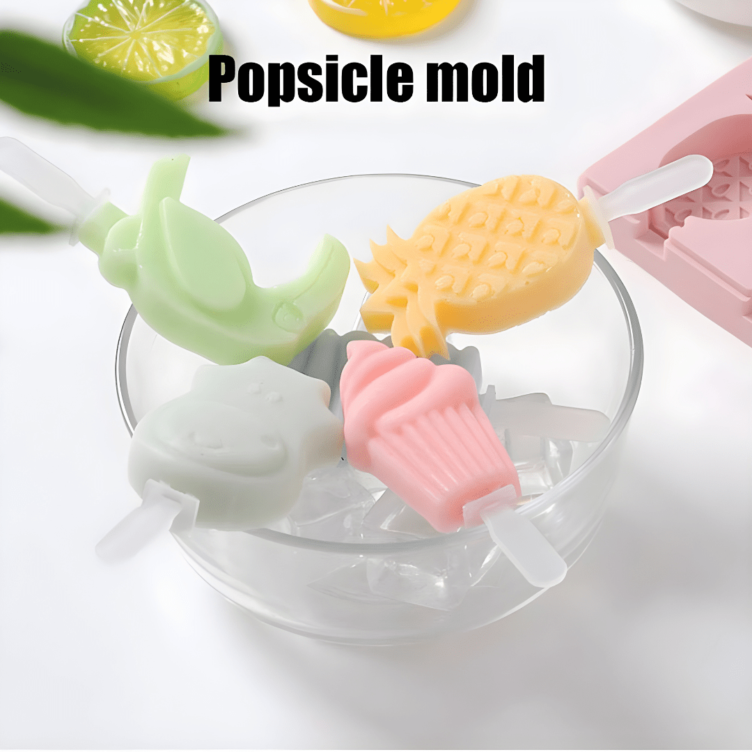 Pink BPA-free certified food-grade silicone popsicle mold with 3 cavities, including sticks and a protective cover.