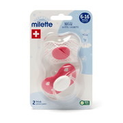 Milette Baby Care 2-pack silicone pacifiers for ages 6-16 months in original packaging.