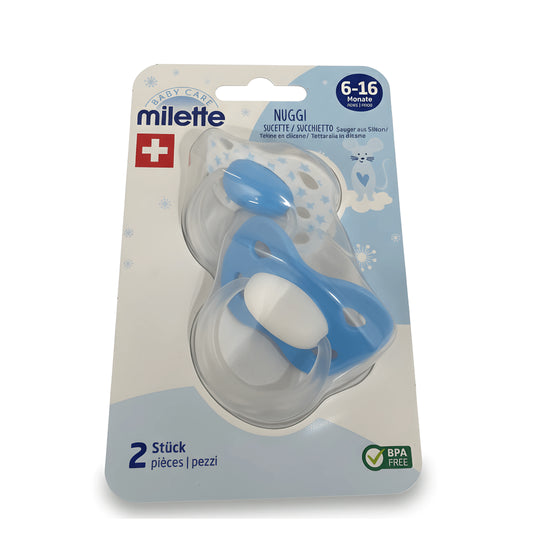 Milette Baby Care 2-pack silicone pacifiers for ages 6-16 months in original packaging.