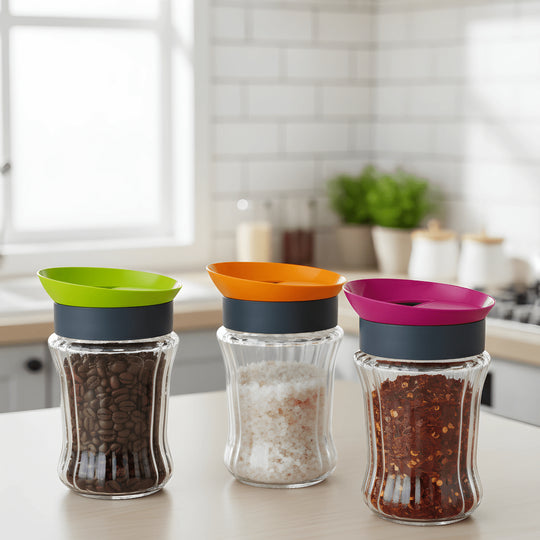 Three Herevin striped glass storage jars with green, orange, and pink rotating lids filled with coffee, salt, and spices.