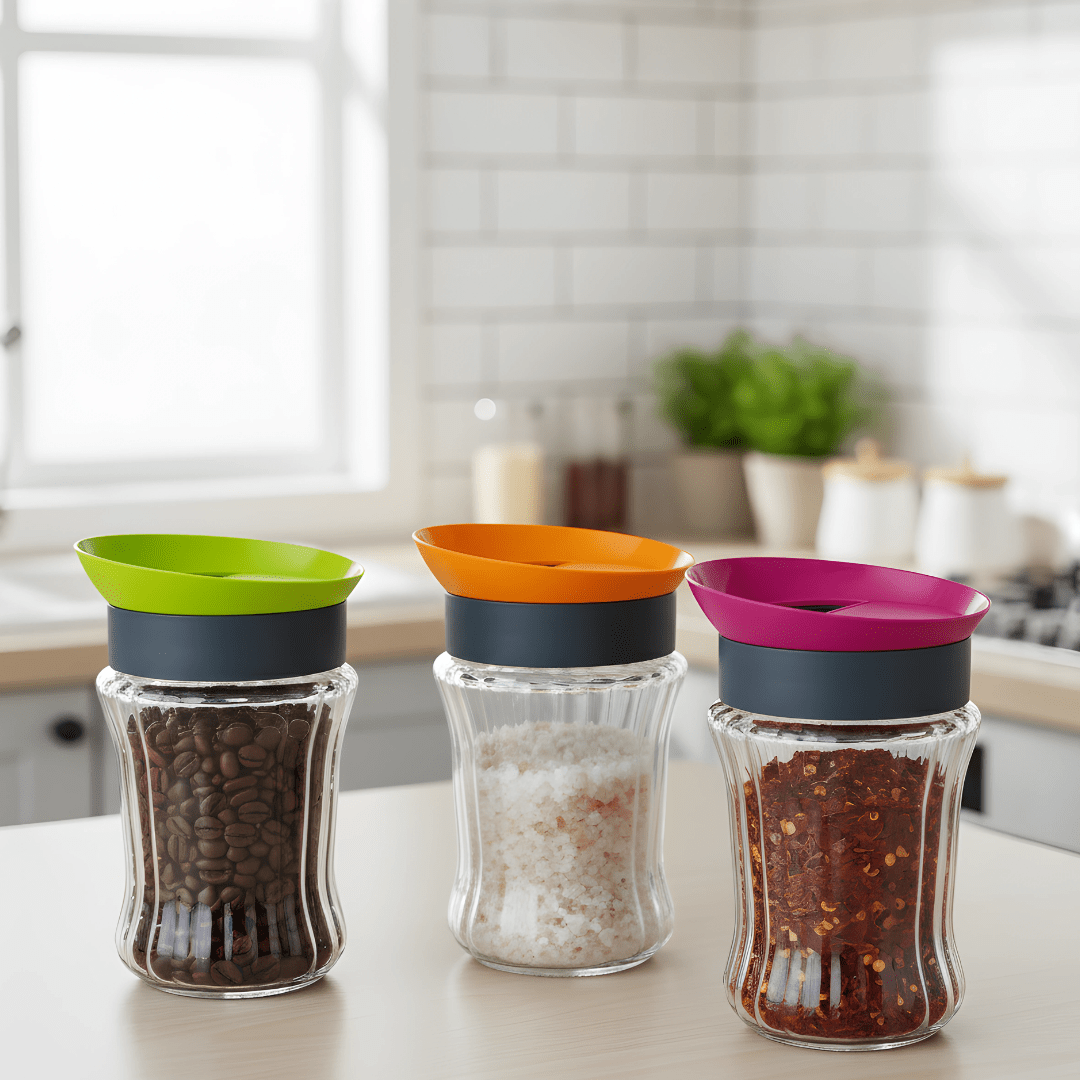 Three Herevin striped glass storage jars with green, orange, and pink rotating lids filled with coffee, salt, and spices.