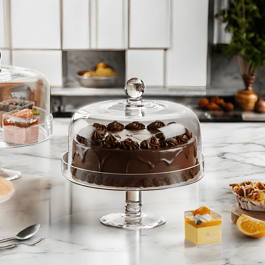 Elegant crystal-clear glass cake stand with a sturdy pedestal base, displaying a strawberry cake.