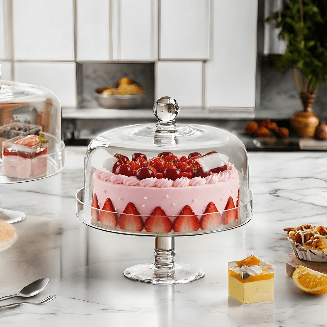 Elegant crystal-clear glass cake stand with a sturdy pedestal base, displaying a strawberry cake.