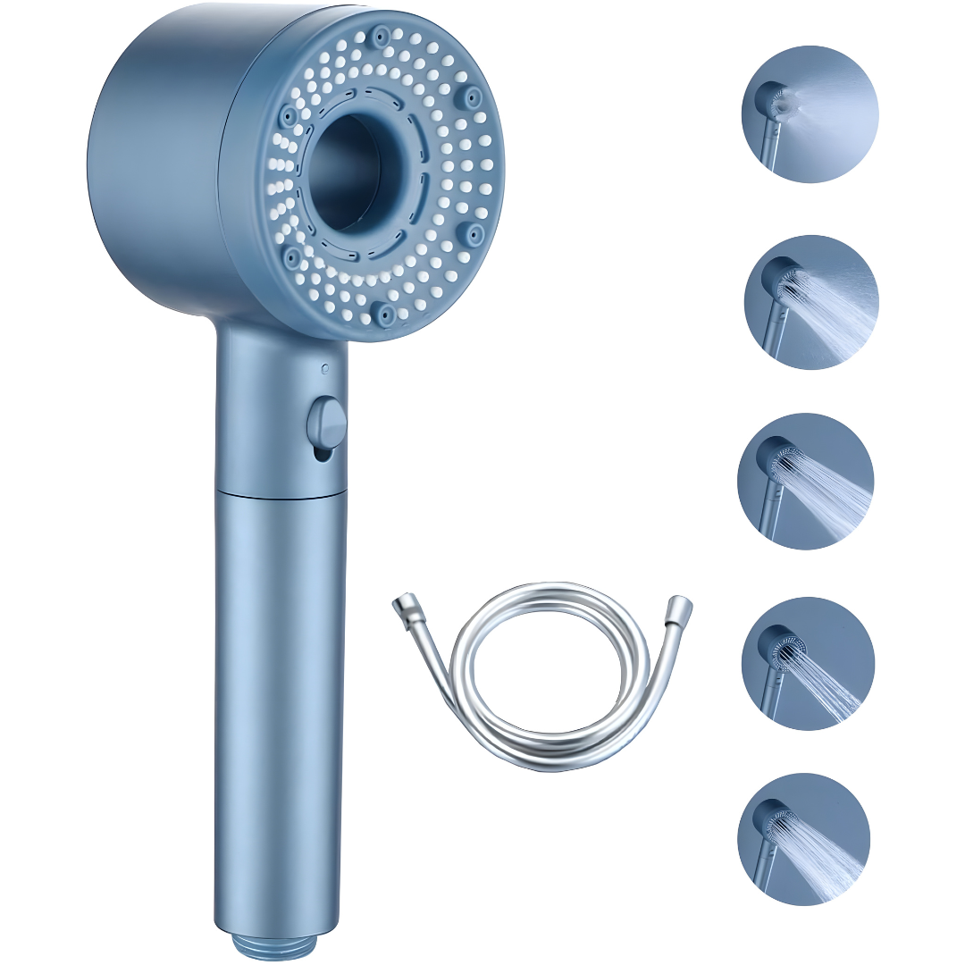 Close-up of 5-mode high pressure ABS shower head showing the one-click stop button.