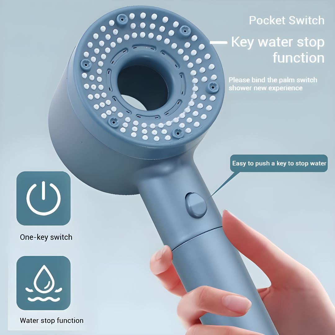 Close-up of 5-mode high pressure ABS shower head showing the one-click stop button.