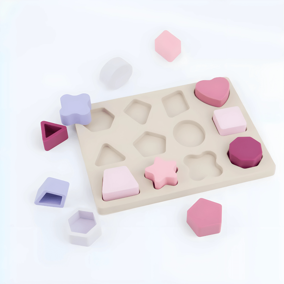 Baby geometry educational toy made of safe silicone with colorful shapes for Montessori learning, shape matching, and color recognition