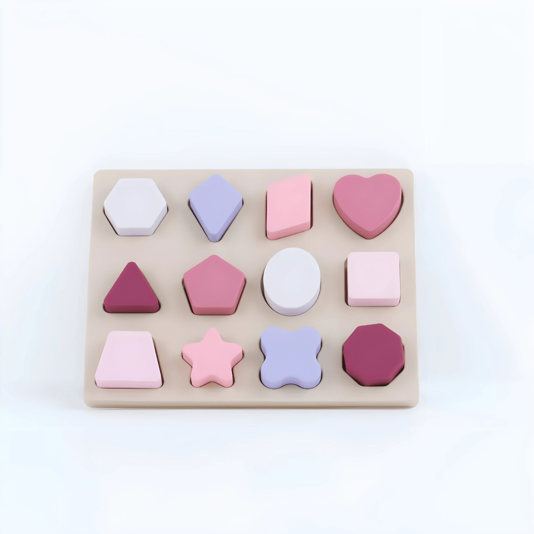 Baby geometry educational toy made of safe silicone with colorful shapes for Montessori learning, shape matching, and color recognition