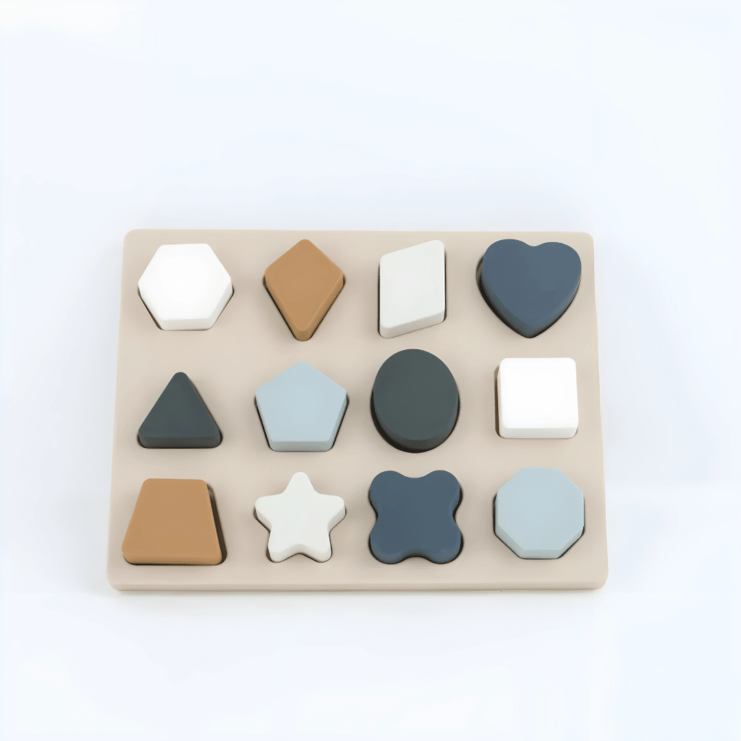 Baby geometry educational toy made of safe silicone with colorful shapes for Montessori learning, shape matching, and color recognition
