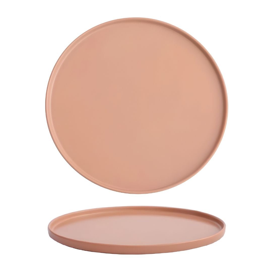 Elegant matte finish dinner plate in white and red-brown, modern minimalist design, available in Lebanon, durable and safe for microwave & dishwasher.