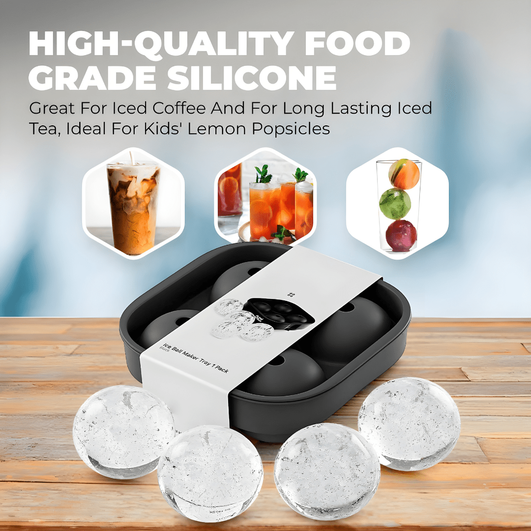 Black 4-cavity silicone sphere ice cube mold, size 11.5x11.5x5cm, with large clear ice balls.