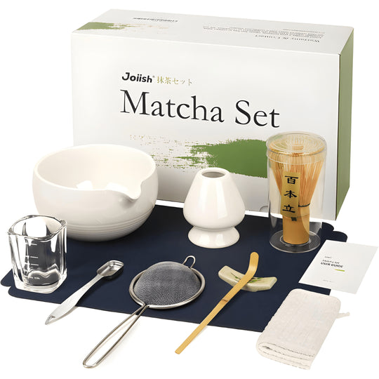 Premium 10-piece Matcha tea set with whisk, ceramic bowl, sifter, scoop, and accessories – secure packaging and traditional setup.