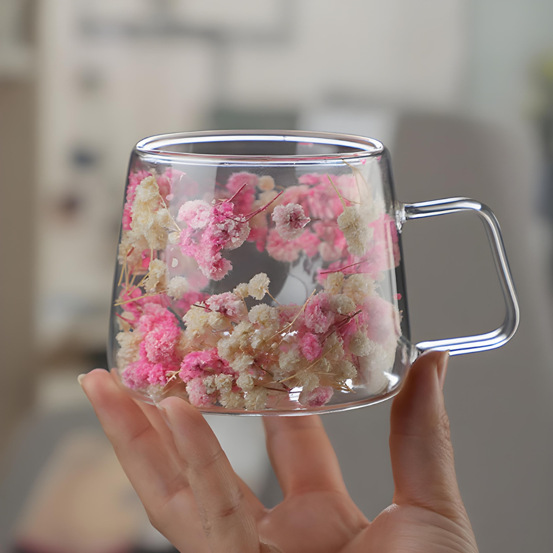 Floral double wall glass mug with dried flowers, available in Beirut Lebanon

